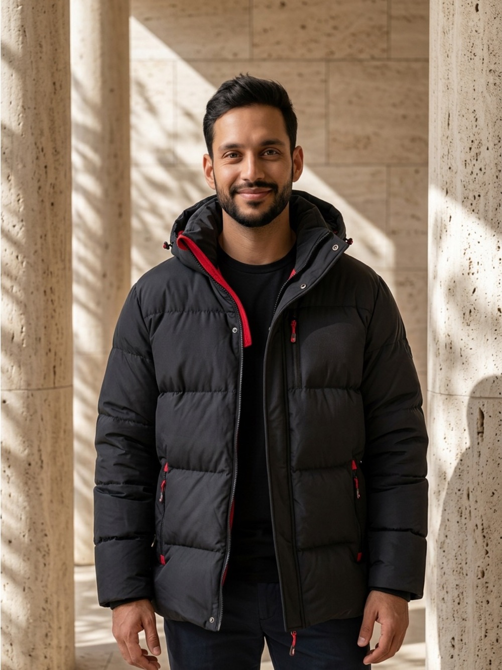 Men's Black Puffer Jacket with Red Trim - Insulated Hooded Coat.
